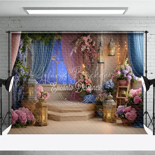 Lofaris Elegant Floral Photography Backdrop with Starry Night Window and Romantic Lanterns for Baby Shower Birthday