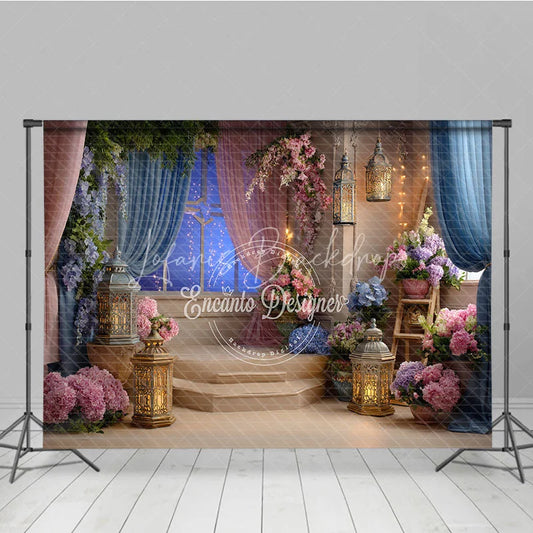 Lofaris Elegant Floral Photography Backdrop with Starry Night Window and Romantic Lanterns for Baby Shower Birthday