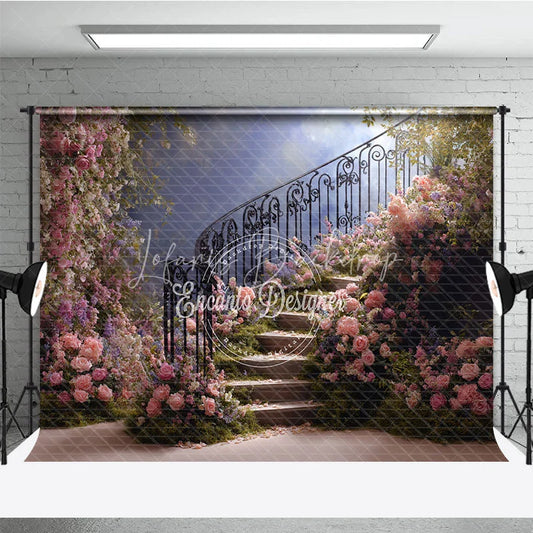 Lofaris Elegant Floral Staircase Photography Backdrop Romantic Pink and Purple Garden Theme for Wedding Photoshoot