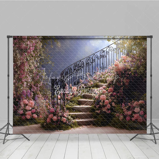 Lofaris Elegant Floral Staircase Photography Backdrop Romantic Pink and Purple Garden Theme for Wedding Photoshoot