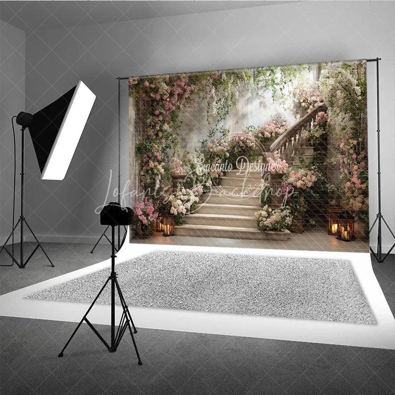 Lofaris Elegant Floral Staircase with Blooming Roses Photography Backdrop Romantic Garden Party Decor