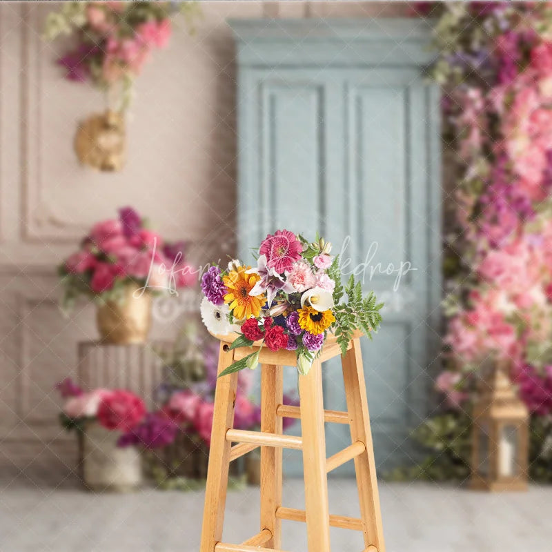 Lofaris Elegant Floral Wedding Backdrop Dusty Blue Door with Pink Roses Bridal Shower Photography Background Decor