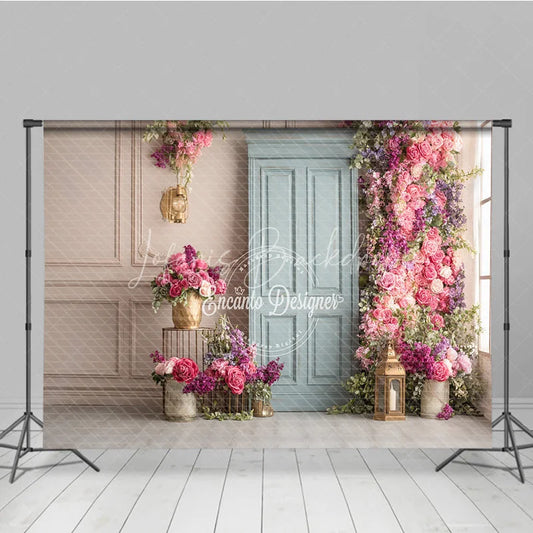 Lofaris Elegant Floral Wedding Backdrop Dusty Blue Door with Pink Roses Bridal Shower Photography Background Decor