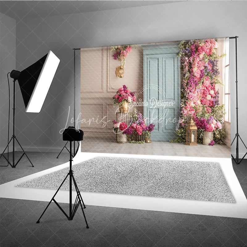 Lofaris Elegant Floral Wedding Backdrop Dusty Blue Door with Pink Roses Bridal Shower Photography Background Decor