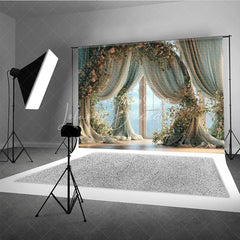 Lofaris Elegant Floral Window Photography Backdrop with Flowing Curtains and Pink Roses Dreamy Portrait Studio Prop