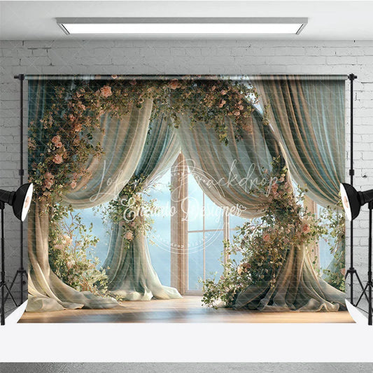 Lofaris Elegant Floral Window Photography Backdrop with Flowing Curtains and Pink Roses Dreamy Portrait Studio Prop