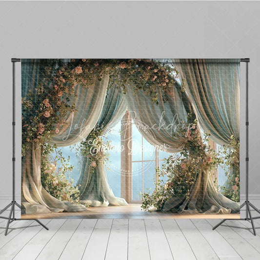 Lofaris Elegant Floral Window Photography Backdrop with Flowing Curtains and Pink Roses Dreamy Portrait Studio Prop