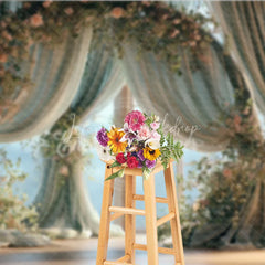 Lofaris Elegant Floral Window Photography Backdrop with Flowing Curtains and Pink Roses Dreamy Portrait Studio Prop