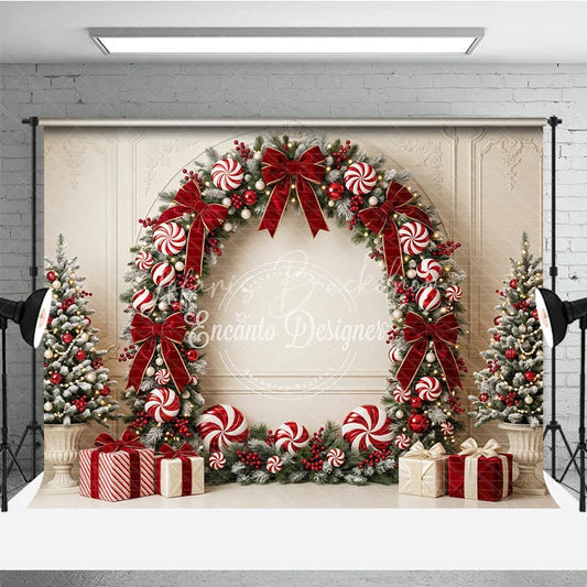 Lofaris Elegant Frosted Pine Holiday Backdrop with Red Velvet Bows Candy Canes and Christmas Trees Festive Celebration Decor