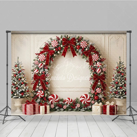 Lofaris Elegant Frosted Pine Holiday Backdrop with Red Velvet Bows Candy Canes and Christmas Trees Festive Celebration Decor