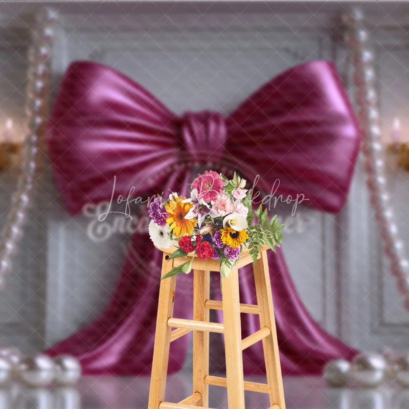 Lofaris Elegant Fuchsia Bow and Pearl Photography Backdrop Classic White Column Wall for Party Decor