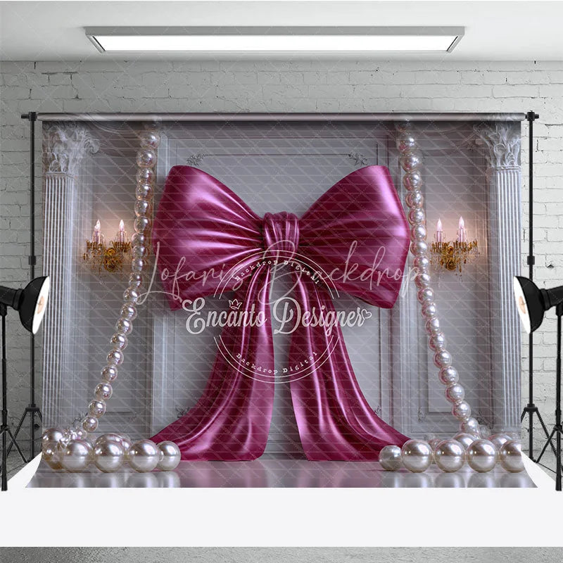 Lofaris Elegant Fuchsia Bow and Pearl Photography Backdrop Classic White Column Wall for Party Decor