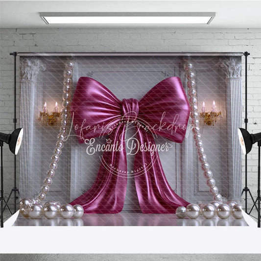 Lofaris Elegant Fuchsia Bow and Pearl Photography Backdrop Classic White Column Wall for Party Decor