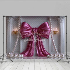 Lofaris Elegant Fuchsia Bow and Pearl Photography Backdrop Classic White Column Wall for Party Decor