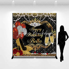 Lofaris Elegant Gold and Black Custom Birthday Backdrop with Champagne Heels Glamorous Party Decoration