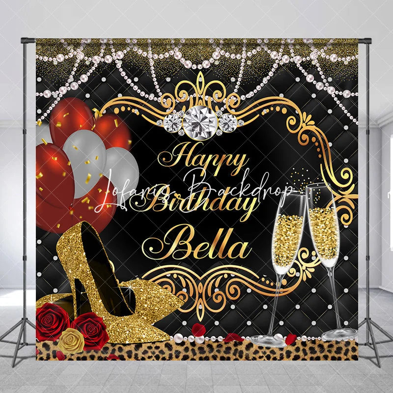 Lofaris Elegant Gold and Black Custom Birthday Backdrop with Champagne Heels Glamorous Party Decoration