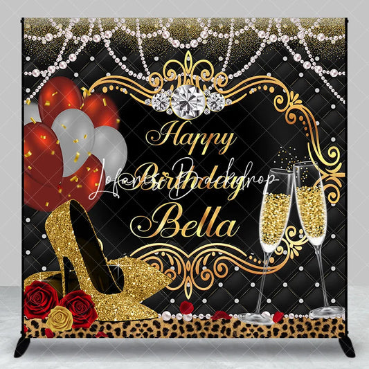 Lofaris Elegant Gold and Black Custom Birthday Backdrop with Champagne Heels Glamorous Party Decoration