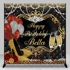 Lofaris Elegant Gold and Black Custom Birthday Backdrop with Champagne Heels Glamorous Party Decoration
