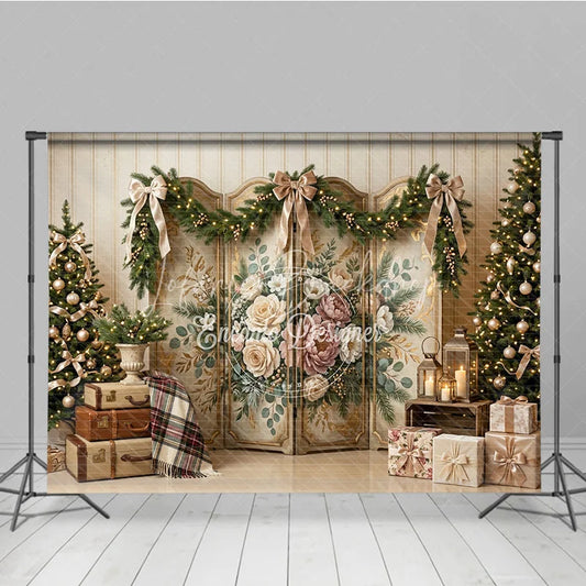 Lofaris Elegant Gold and Cream Holiday Backdrop Decorated Christmas Trees Lighted Garland a Vintage Floral Wreath