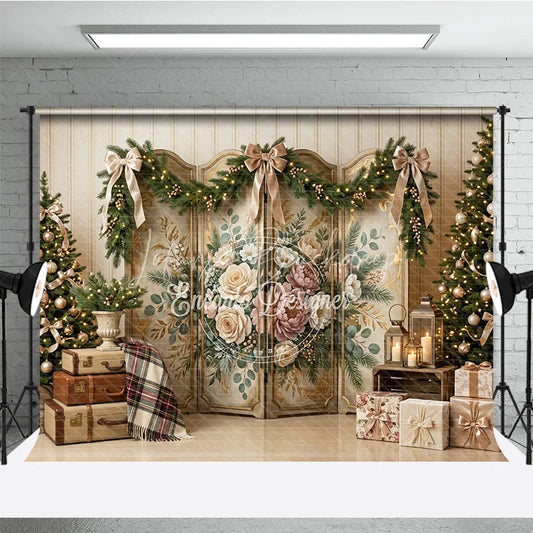 Lofaris Elegant Gold and Cream Holiday Backdrop Decorated Christmas Trees Lighted Garland a Vintage Floral Wreath