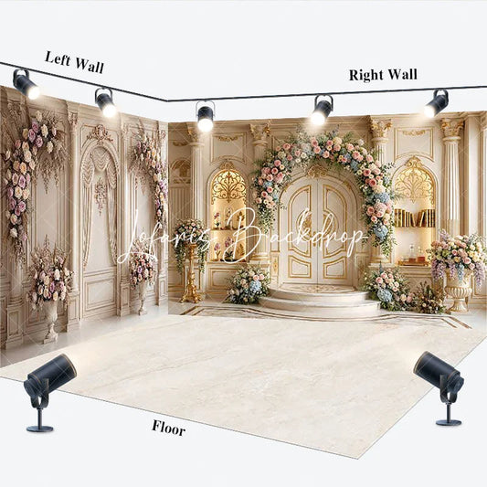Lofaris Elegant Gold and White Ornate Room Set Backdrop with Floral Arch Double Doors Luxurious Wedding Photography Decor