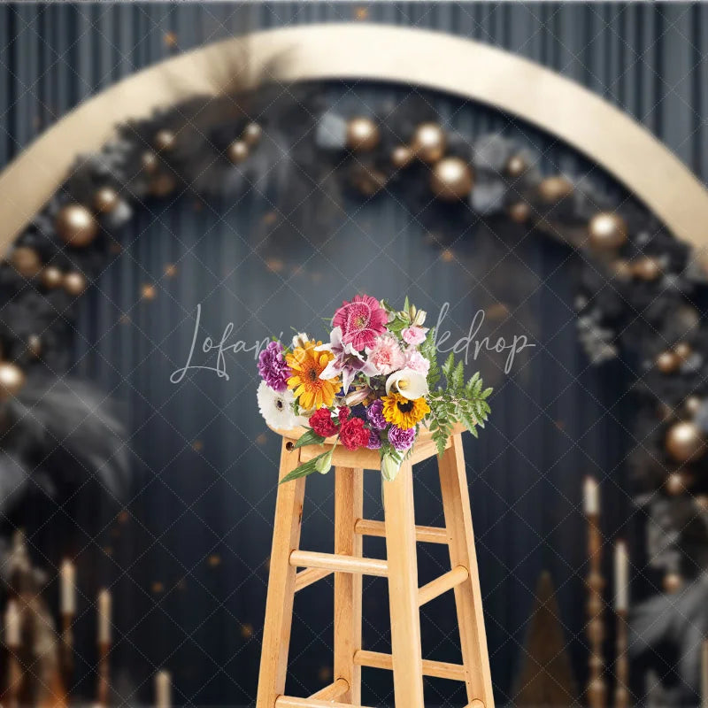 Lofaris Elegant Gold Arch Dark Grey Pampas Grass Photography Backdrop Festive Celebration Party Decor