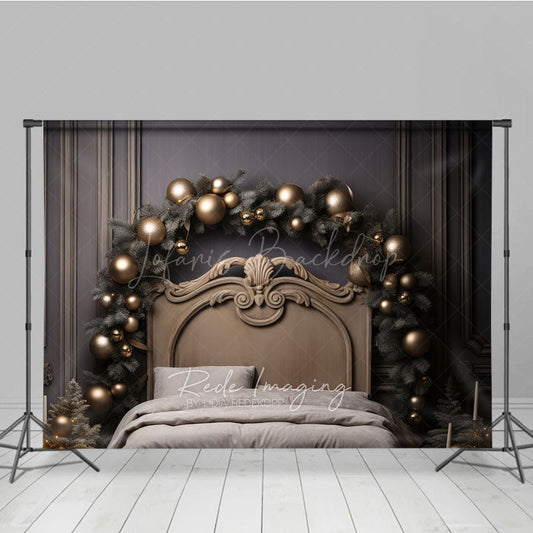 Lofaris Elegant Gold Christmas Headboard Photography Backdrop Vintage Bed with Ornaments Luxury Holiday Photo Prop