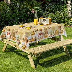 Lofaris Elegant Gold Christmas Rectangle Tablecloth with Wreath Snowman and Reindeer Luxury Holiday Dining Decor