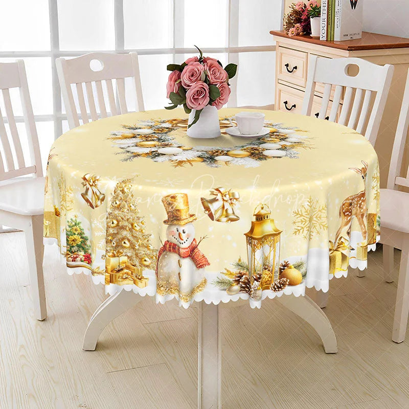 Lofaris Elegant Gold Christmas Round Tablecloth with Wreath Snowman and Reindeer Luxury Holiday Dining Decor