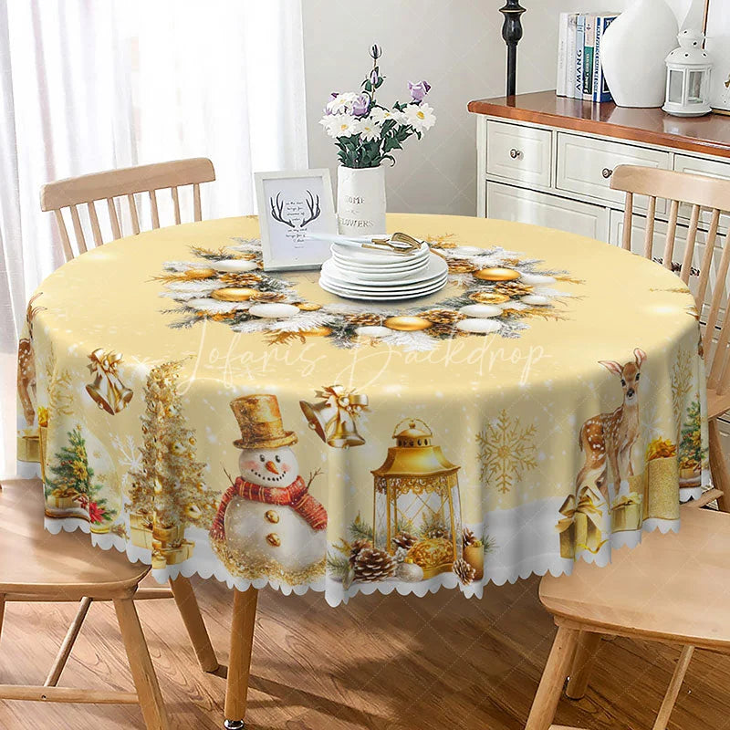 Lofaris Elegant Gold Christmas Round Tablecloth with Wreath Snowman and Reindeer Luxury Holiday Dining Decor