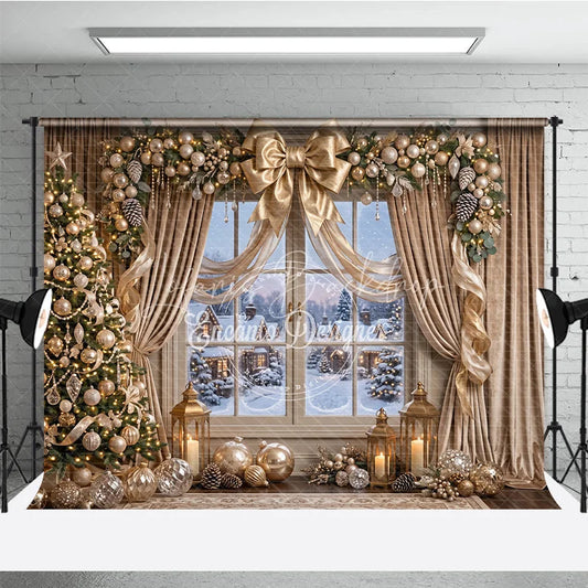 Lofaris Elegant Gold Christmas Tree and Snowy Window Holiday Backdrop Festive Winter Village Scene Decor