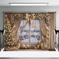 Lofaris Elegant Gold Christmas Tree and Snowy Window Holiday Backdrop Festive Winter Village Scene Decor