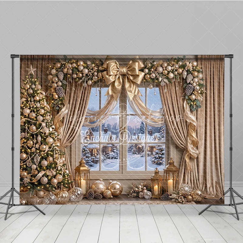 Lofaris Elegant Gold Christmas Tree and Snowy Window Holiday Backdrop Festive Winter Village Scene Decor