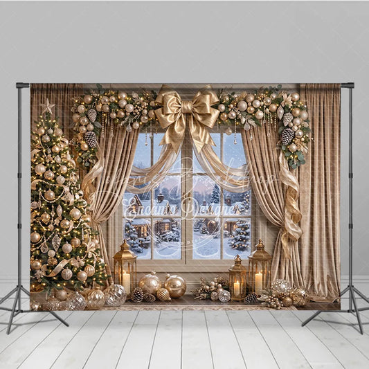 Lofaris Elegant Gold Christmas Tree and Snowy Window Holiday Backdrop Festive Winter Village Scene Decor