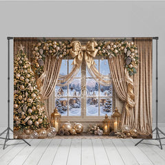 Lofaris Elegant Gold Christmas Tree and Snowy Window Holiday Backdrop Festive Winter Village Scene Decor