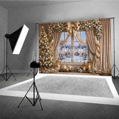 Lofaris Elegant Gold Christmas Tree and Snowy Window Holiday Backdrop Festive Winter Village Scene Decor
