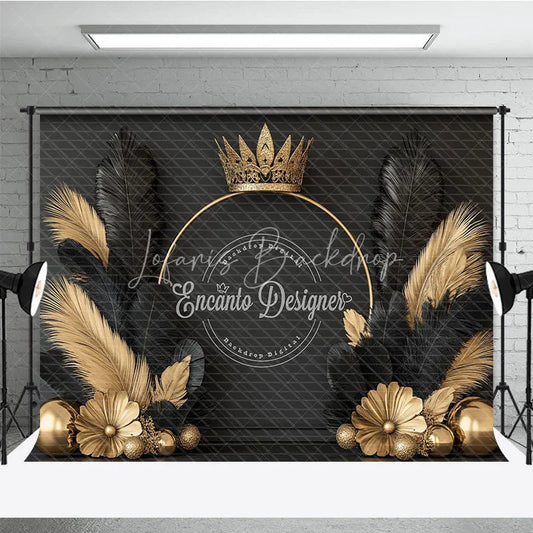 Lofaris Elegant Gold Crown and Black Feather Backdrop Royal Golden Sphere Flower Decor for Photography