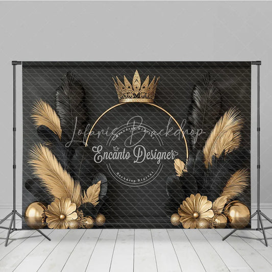 Lofaris Elegant Gold Crown and Black Feather Backdrop Royal Golden Sphere Flower Decor for Photography