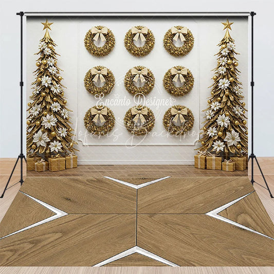 Lofaris Elegant Gold Wreath Wall Combo Set Backdrop White Christmas Trees and Modern Wood Floor for Holiday Photos