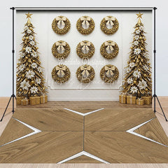 Lofaris Elegant Gold Wreath Wall Combo Set Backdrop White Christmas Trees and Modern Wood Floor for Holiday Photos