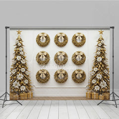 Lofaris Elegant Gold Wreath Wall Combo Set Backdrop White Christmas Trees and Modern Wood Floor for Holiday Photos