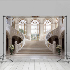 Lofaris Elegant Grand Marble Staircase Photography Backdrop Classical Palace Interior with Arched Windows