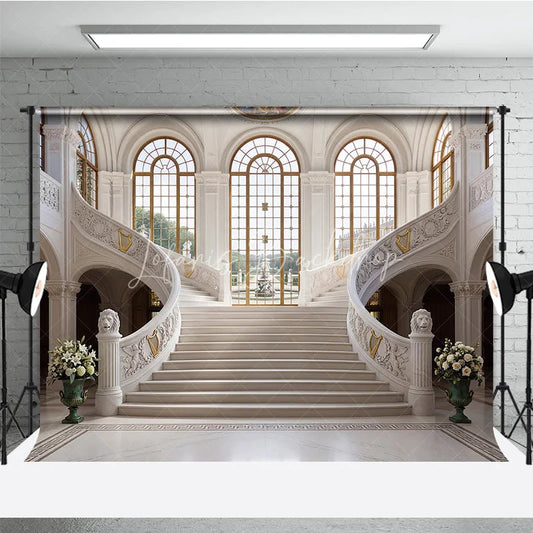 Lofaris Elegant Grand Marble Staircase Photography Backdrop Classical Palace Interior with Arched Windows