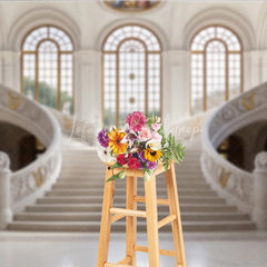 Lofaris Elegant Grand Marble Staircase Photography Backdrop Classical Palace Interior with Arched Windows
