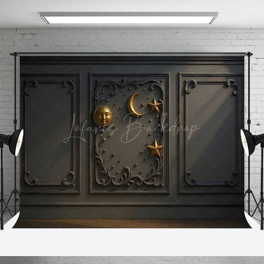 Lofaris Elegant Gray Wall Photography Backdrop with Gold Sun Moon and Stars Classic Molding Panel Studio Photo Prop