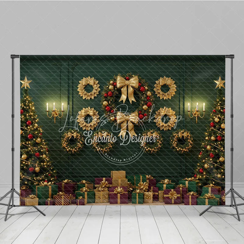 Lofaris Elegant Green and Gold Christmas Photography Backdrop Classic Wall with Wreaths Holiday Trees Photo Background