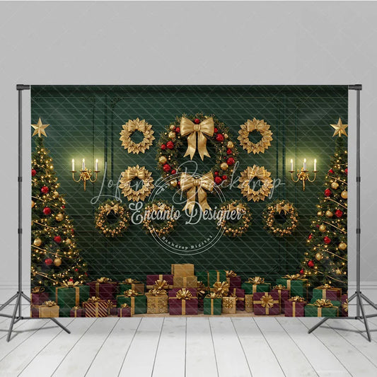 Lofaris Elegant Green and Gold Christmas Photography Backdrop Classic Wall with Wreaths Holiday Trees Photo Background