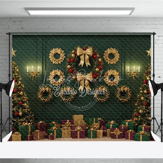 Lofaris Elegant Green and Gold Christmas Photography Backdrop Classic Wall with Wreaths Holiday Trees Photo Background