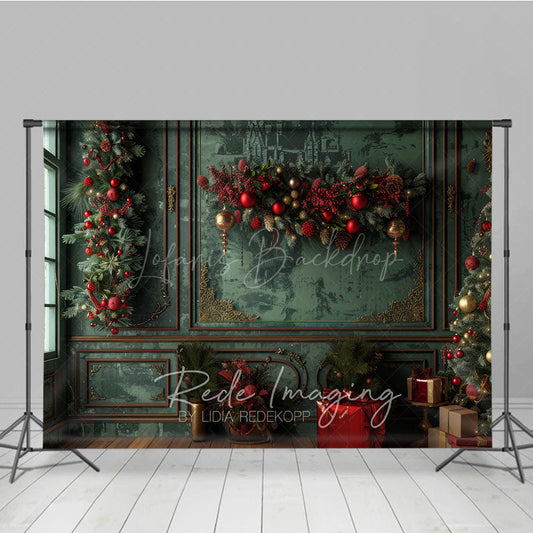 Lofaris Elegant Green and Gold Christmas Photography Backdrop Vintage Room with Garland Holiday Photo Background