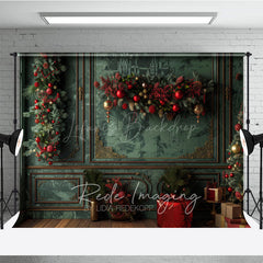 Lofaris Elegant Green and Gold Christmas Photography Backdrop Vintage Room with Garland Holiday Photo Background
